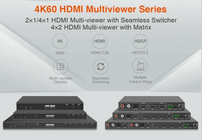 2023 new 2x1 4k60 uhd quad/pip/pop multiviewer seamless video switcher