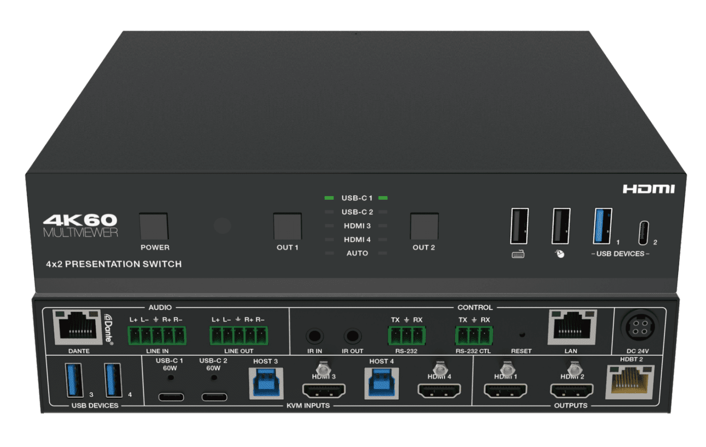 2023 4k60hz 4x2 seamless presentation switcher+multiviewer with usb c,hdbt,dante