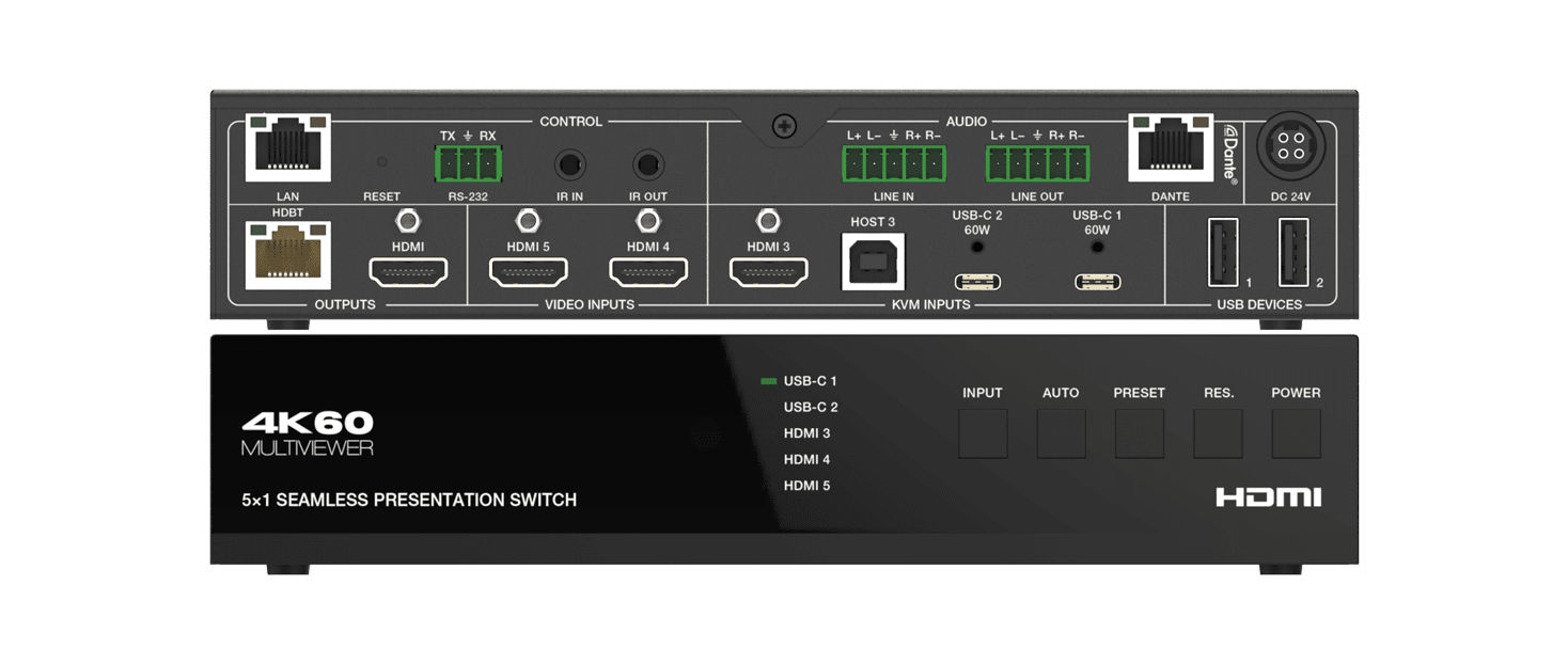 2023 4k60hz 5x1 seamless presentation switcher+multiviewer with usb c,hdbt