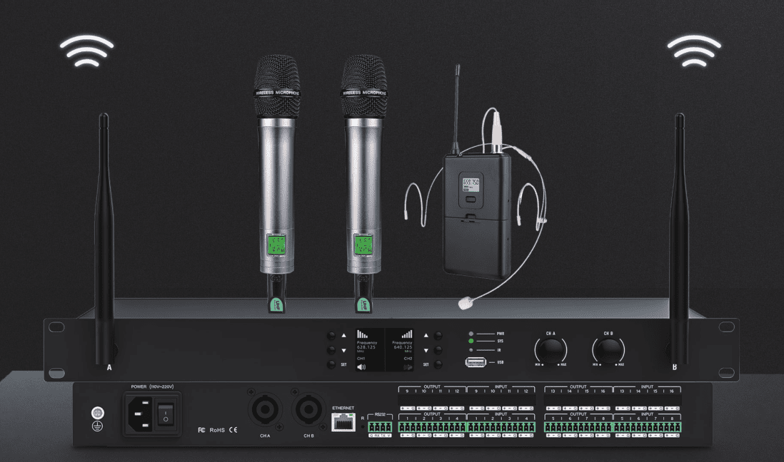 all in one wireless digital signal processor 4x4, 8x8 with amplifier 150w x2 ,with wireless microphone