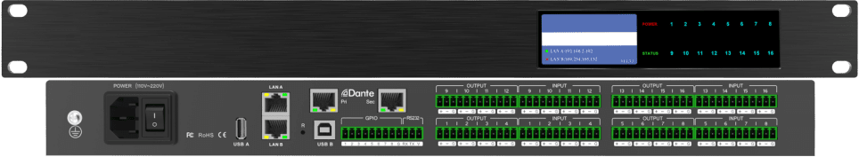 64 in 64 out dante channel digital audio processor for extra large conference room 1u rack,16 balanced line