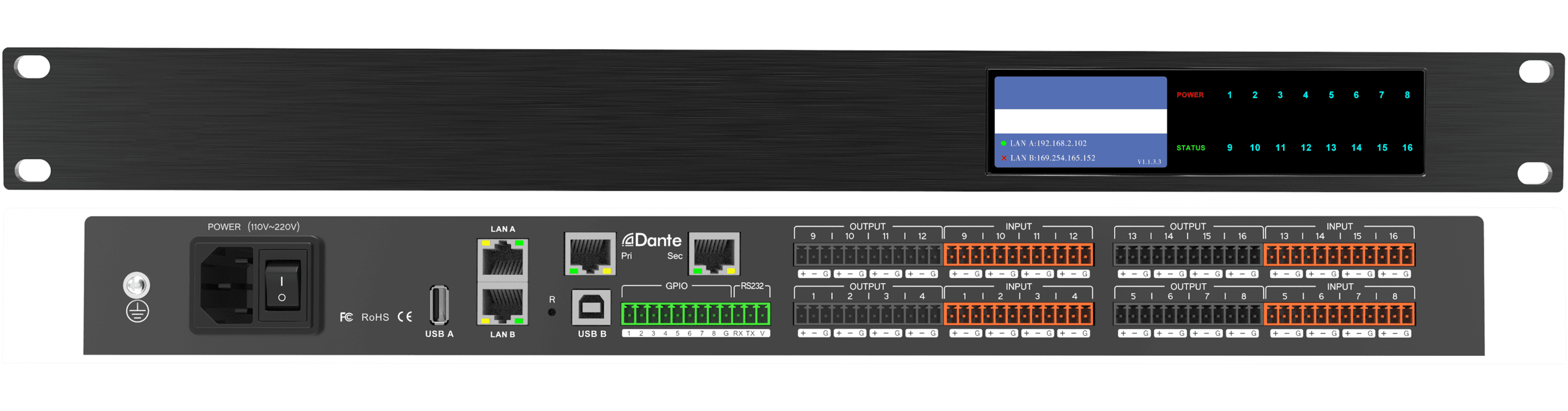64 in 64 out dante channel digital audio processor for extra large conference room 1u rack,16 balanced line