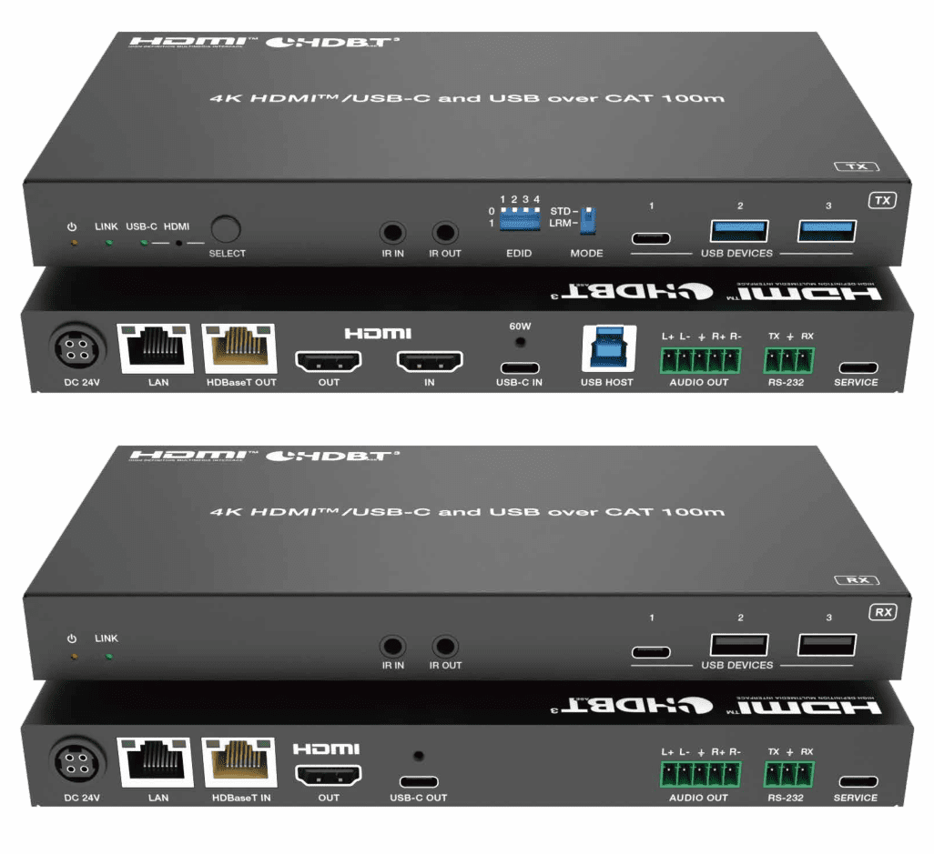 4k@60hz 4:4:4 hdbaset 3.0 100m usb c,over a single cat6a/7 cable,1g ethernet